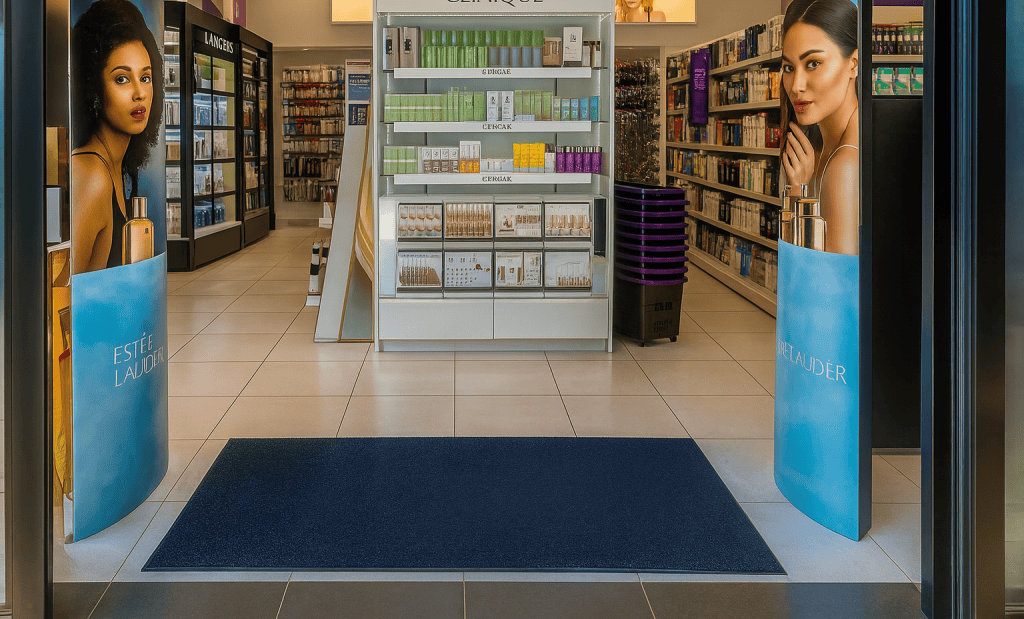 כניסה לחנות קוסמטיקה עם תצוגות של Estée Lauder משני הצדדים, מדפים עם מוצרי יופי נראים בפנים, ושטיח לוגו מסוגנן מקבל את פני הלקוחות בפתח.