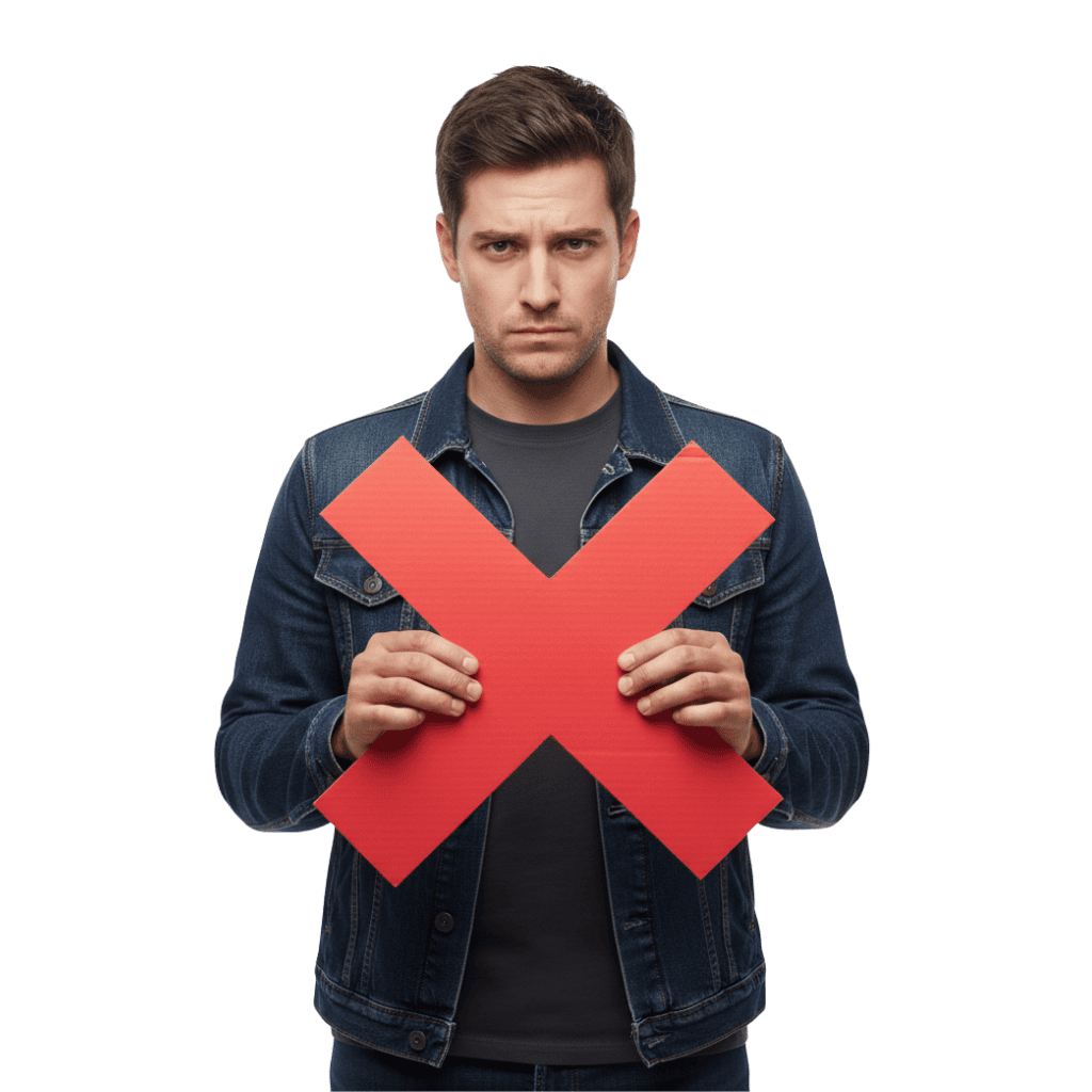 גבר במעיל ג'ינס מחזיק סמל "X" אדום גדול, מביט ישירות למצלמה על רקע לבן חלק — תמונה שעשויה לגרום לך לתהות למה צריך שטיח לעסק.